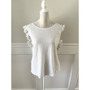 Susina XL White Ruffle Sleeve Tank Top With Gray Stripes Cotton Blend EUC